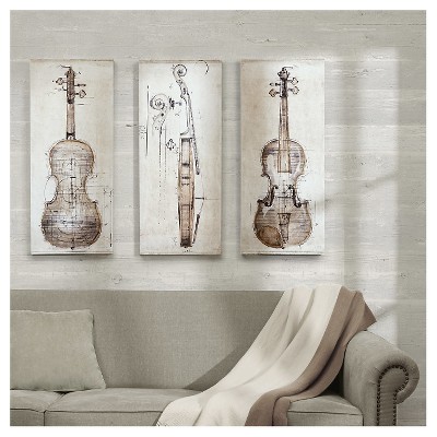 (Set of 3) 15" x 35" Violin Study set Printed Canvas with Hand Embellishment Offwhite