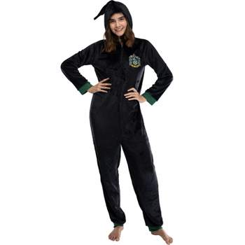 Harry Potter Juniors' Slytherin Hooded One-Piece Pajama Union Suit (2XL/3XL) Black