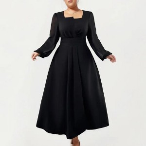 Anna-Kaci Women's Plus Size Long Sleeve Midi Dress with Pleated Waist Detail and Flowy A Line Silhouette, Black / Plus-3X-18W-20W