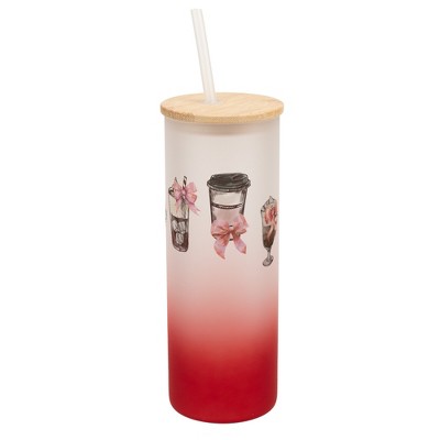 Elanze Designs 25 Ounce Frosted Glass Gradient Travel Tumbler With Straw and Wooden Lid, Coffee Drinks and Bows Red