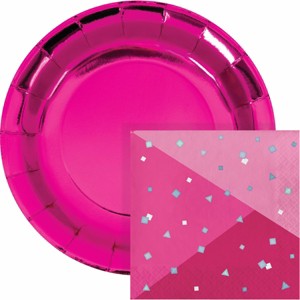 Creative Converting Hot Pink Foil Birthday Plates and Napkins Set 16ct - 1 of 4