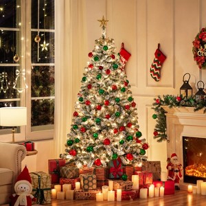 Yaheetech Pre-lit Flocked Artificial Christmas Tree with Warm Lights, PVC Branch Snow Frosted Xmas Tree with Foldable Stand - 1 of 4