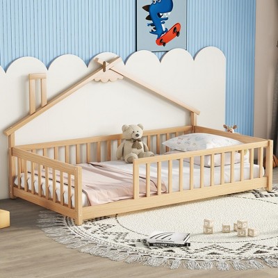 NicBex Twin Size Wood Montessori Bed with House-Shaped Bedside,Floor Bed Frame with Safety Guardrails and Slats,Modern Toddler Bed for Bedroom,Natural