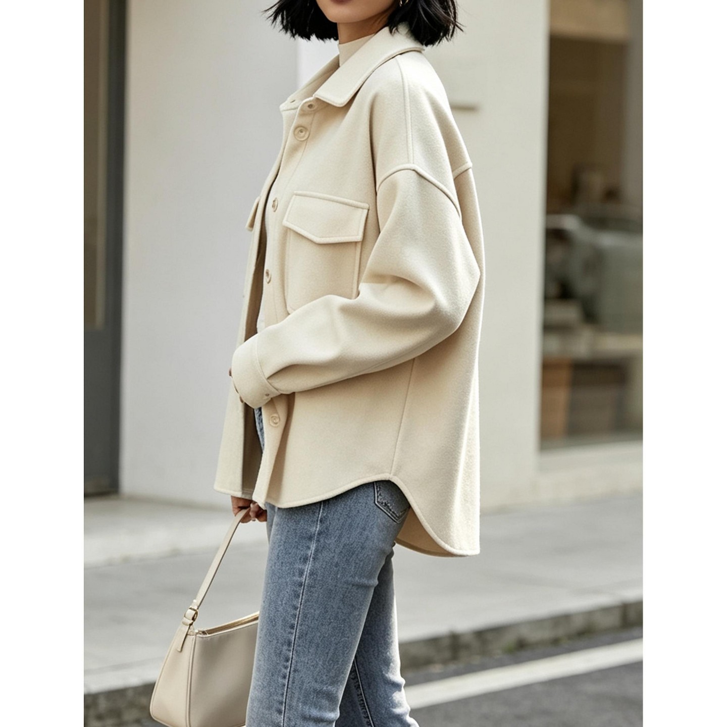 Женское пальто YesFashion Women Lapel Collar Double Pocket Button Front Oversized Loose Fall Outerwear Shirt Coat, L, Beige, цвет: Бежевый — фото 2