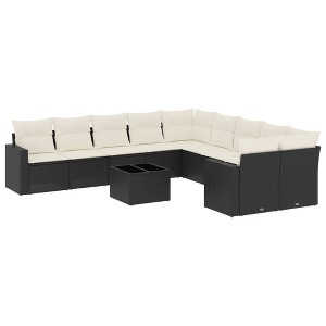 vidaXL 11 Piece Patio Sofa Set with Cushions Black Poly Rattan - Black and Cream With Table - 1 of 4