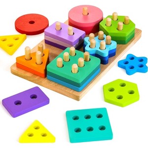 Wooden Shape Sorting and Stacking Toy Set, 24 Geometric Blocks with Word Cards for Toddlers 12+ Months - 1 of 4