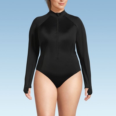 Lands' End Women's Chlorine Resistant Zip Front Long Sleeve Tugless Sporty One Piece Swimsuit