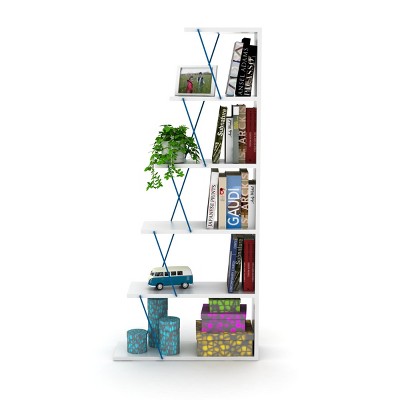 VYNXARIA Furnish Home Store Modern 5-Tier Ladder Bookshelf - Stylish Organizer for Small Spaces and Office Furniture,Walnut/Blue