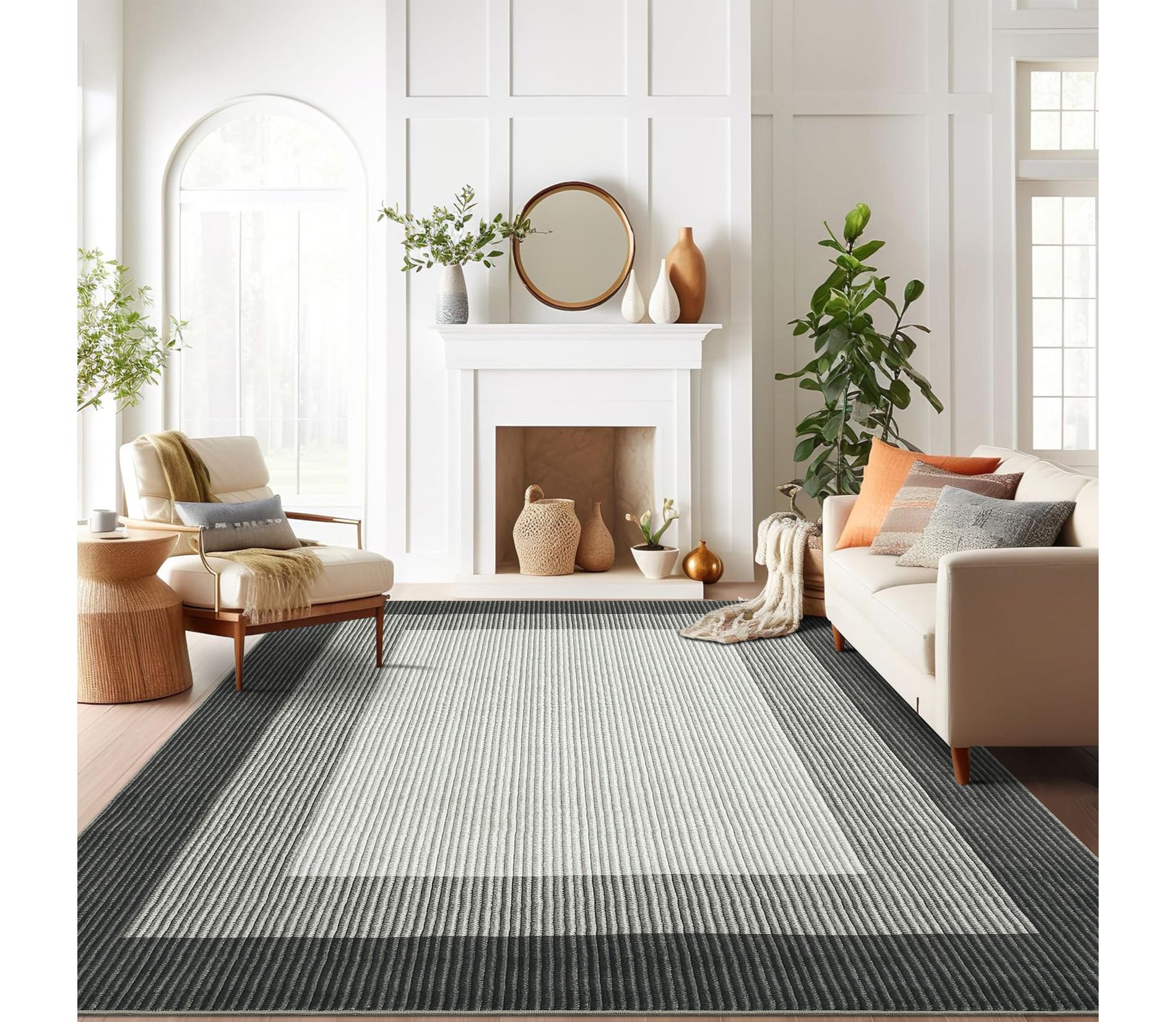 Modern Border Area Rug 8x10 Large Washable Living Room Neutral Carpet, Non-Slip Non Shedding Gradient Soft Rug, Low Pile Foldable Printed Nursery Rug