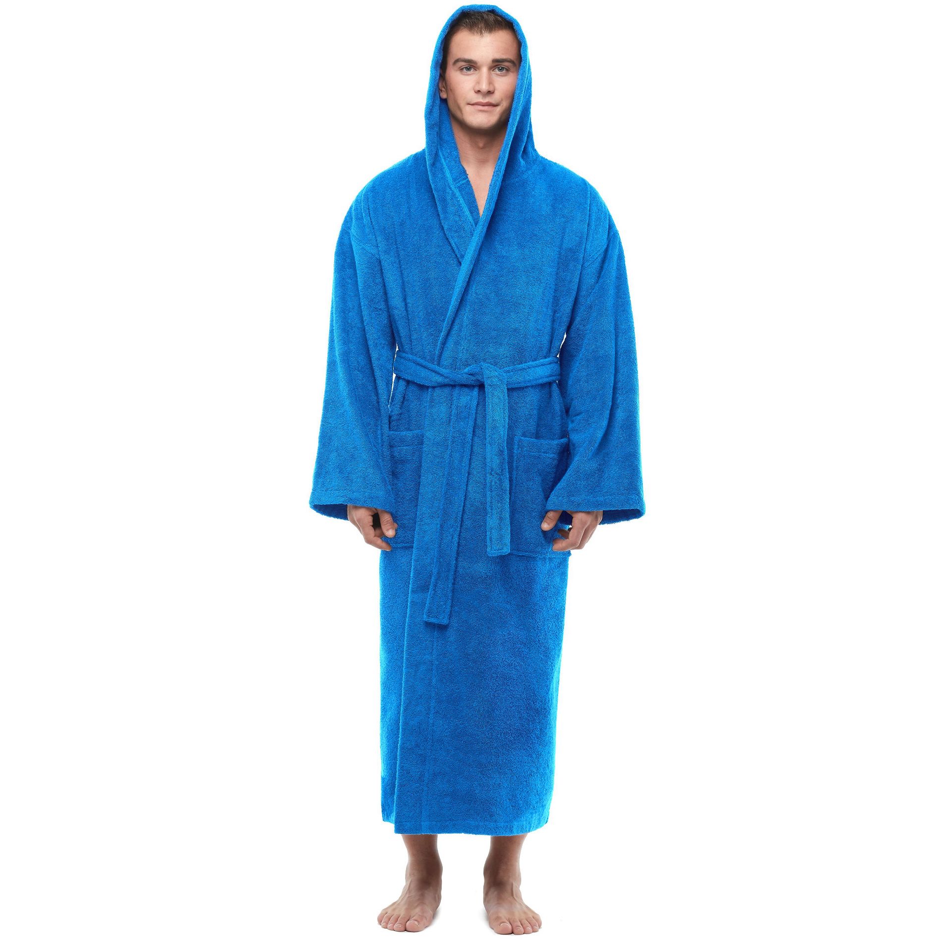 Arus Men's Turkish Cotton Hooded Robe, Absorbent Terry Cloth Bathrobe with Hood , Azure  , Large/X Large
