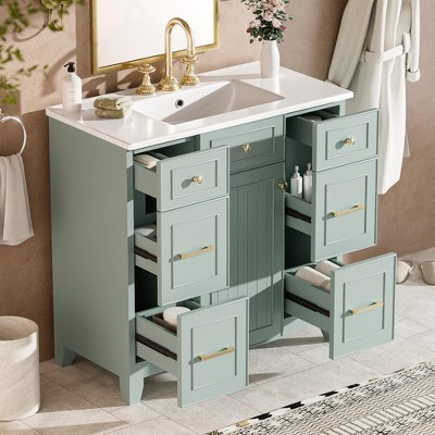 TIRAMISUBEST 36" Light Green Bathroom Vanity with Ceramic Sink, Soft-Close Doors, 2 Double-Layer & 2 Standard Drawers