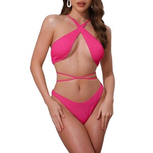INSPIRE CHIC Women's Criss Cross Backless Elegant Ribbed Knit Bikini Sets, Strappy Top Triangle Bottom Swimwear Bathing Suits 1 Set - 1 of 4
