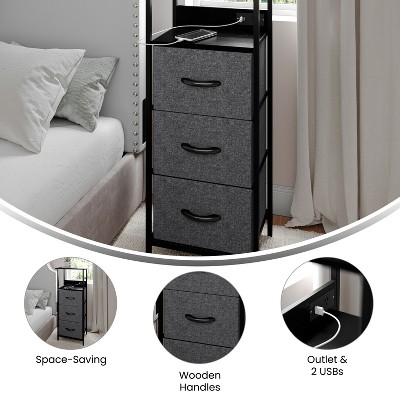 Charcoal Black 3-Drawer Nightstand with USB Charging Station