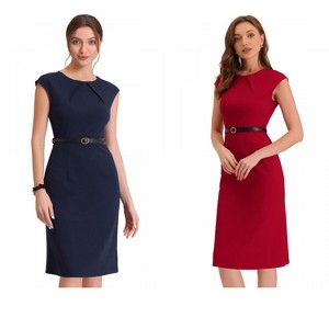INSPIRE CHIC Women's Elegant Business Round Neck Belted Cap Sleeve Work Sheath Dresses 2 Packs - 1 of 4