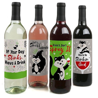 Big Dot of Happiness Little Stinker - Woodland Skunk Baby Shower or Birthday Party Decorations for Women & Men - Wine Bottle Label Stickers - Set of 4