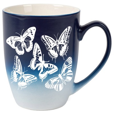 Elanze Designs Butterflies Two Toned Ombre Matte Navy Blue and White 12 ounce Ceramic Stoneware Coffee Cup Mug