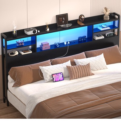 Aheaplus Headboard with Storage shelves and Charging Station, Wood Headboard with LED Light
