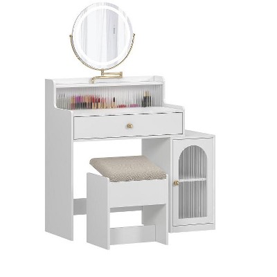 White Makeup Vanity Desk with Round Mirror and Lights, Dressing Table with a Side Cabinet and Chair