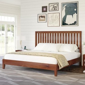 AMERLIFE Solid Wood Bed Frame, Mid-Century Platform Bed with Grille Headboard - 1 of 3