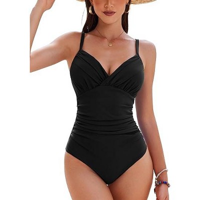 AI'MAGE Women's One Piece Ruched Swimsuit 2025 Tummy Control Bathing Suits V Neck Swimwear