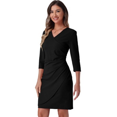 INSPIRE CHIC Women's 3/4 Sleeve Ruched V Neck Wedding Guest Casual Elegant Dress