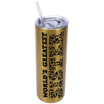 Elanze Designs Leopard Pattern Vegas Gold 20 Ounce Double Wall Stainless Steel Glitter Travel Tumbler With Sliding Lid And Straw, World's Greatest