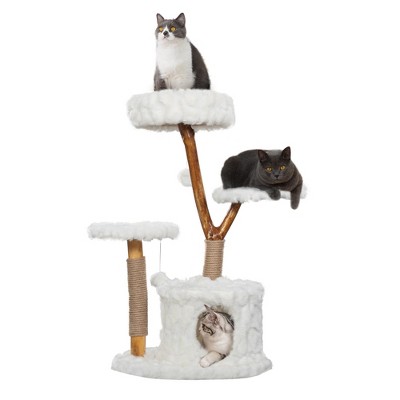 Sandinrayli Cloud Cat Tree Tower, Solid Natural Wood Branches, White