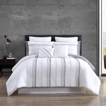 Delphi Embroidered Stripe Comforter & Sheets Bedding Set White/Gray