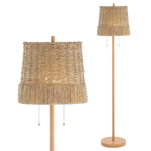 Brass and Faux Rattan Empire 2 Light Floor Lamp