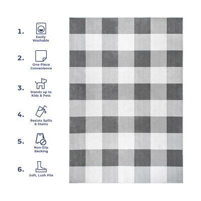 Gray Buffalo Plaid Washable Synthetic Area Rug, 6' x 9'