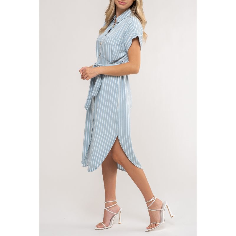 August Sky Women's Front Button Up Stripe Belted Shirt Dress, 3 of 5