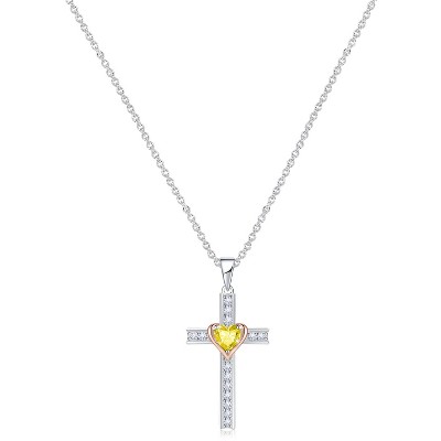 Molenia Birthstone Cross Necklace for Women, 925 Sterling Silver Heart Cross Pendant Necklace Fine Cross Jewelry Birthday Gifts for Her 18"+4" Inches
