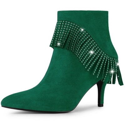 Allegra K Women's Side Zipper Pointed Toe Fringe Stiletto Heel Ankle Boots