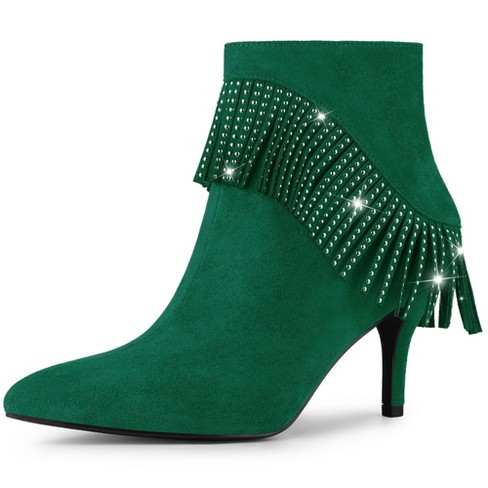 Allegra K Women's Fringe Heels Boot Rhinestone Stiletto Heel Ankle Boots  Emerald Green 7 M US