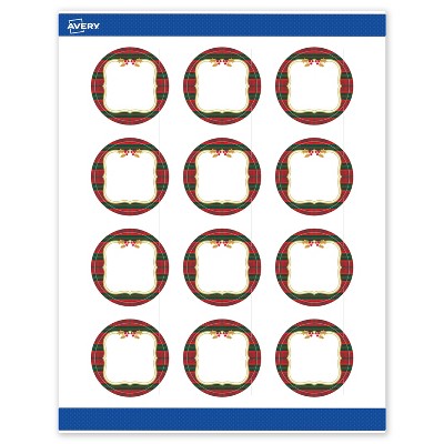 Avery Labels, 2" Diameter, Gold-Red-Green Plaid, Matte, 120ct