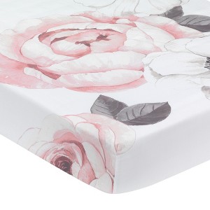 Lambs & Ivy Floral Garden Pink/White Watercolor Cotton Baby Fitted Crib Sheet - 1 of 4