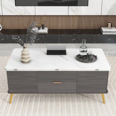 Modern Lift Top Coffee Multi Functional Table With Drawers, 47.24'' Rectangle Coffee MDF Table Top Gold Legs Base For Office Home Living Room