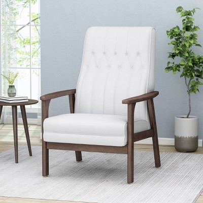 CAVINAS Mid-Century Modern Upholstered Accent Arm Chair,Faux Leather Lounge Chair with Rubber Wood Frame for Living Room,Bedroom