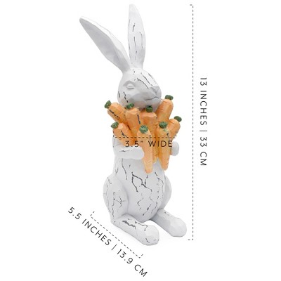 Large Distressed White Resin Rabbit Statue with Carrots