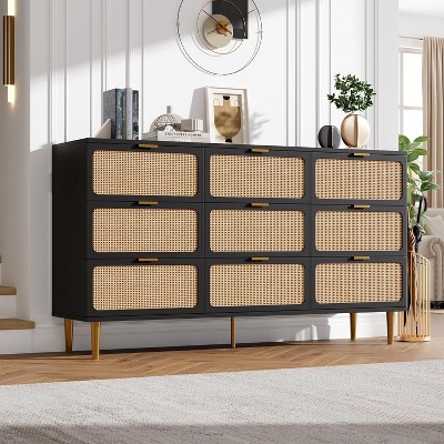 Rattan 9 Drawer Dressers for Bedroom, Tall Dresser with Deep Drawers, Large Chest of Drawers for Closet with Wide Top, Long Wooden Dresser