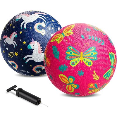 KUYOTQ Pack of 2 Cartoon Playground Balls, Balls for Toddler 1-6, 8.5" Rubber Ball, Indoor & Outdoor Game Toys for Boys Girls with Pump  (Blue+Pink)