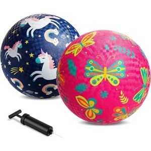 KUYOTQ Pack of 2 Cartoon Playground Balls, Balls for Toddler 1-6, 8.5" Rubber Ball, Indoor & Outdoor Game Toys for Boys Girls with Pump  (Blue+Pink) - 1 of 4
