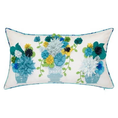 Embroidered Ironworks Pots with Mixed Flowers Rectangular Indoor/Outdoor Throw Pillow Sky/Capri - Edie@Home