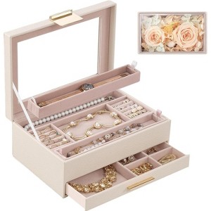 2-Layer Jewelry Box with Glass Lid & Drawer, Beige Display Storage Case for Earrings, Watches & Rings - 1 of 4