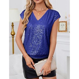 Womens Full Sequin Tops Glitter Party Shirt Short Sleeve Sparkle Blouses V-Neck Summer Tunic Shirts - 1 of 4