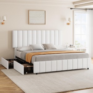 Garvee Queen Upholstered Bed Frame with 4 Storage Drawers, Adjustable Headboard & Wood Slats, No Box Spring Needed, White - 1 of 4