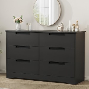 GustoWave Black Horizontal 6-drawers Dresser with Embedded Handles, Wood Relief Texture Design - Anti-tipping - 1 of 4