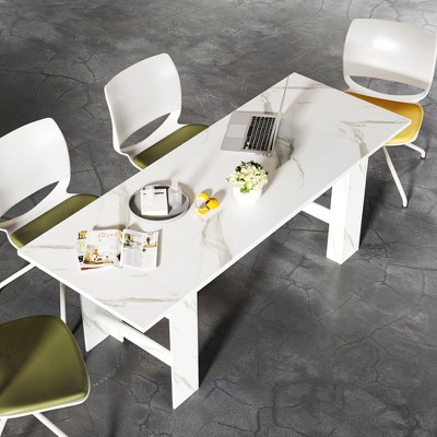 FUFU&GAGA Extendable White Marble - Patterned Office Desk Writing Desk - Modern Adjustable Work Table