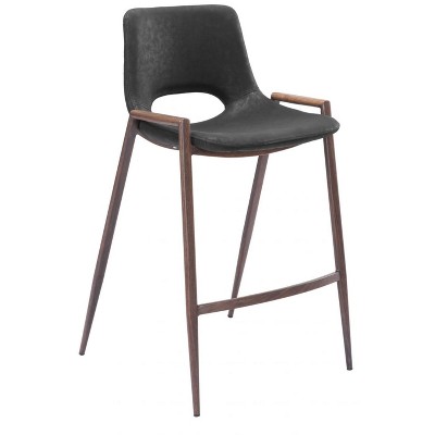 Zuo Modern Desi Counter Stool, Set Of 2, 35.6 Inch High Black Faux Leather Seat With Walnut Finish Steel Frame
