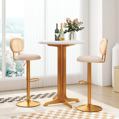 Gold and White Adjustable Swivel Bar Stools with Rattan Backrest